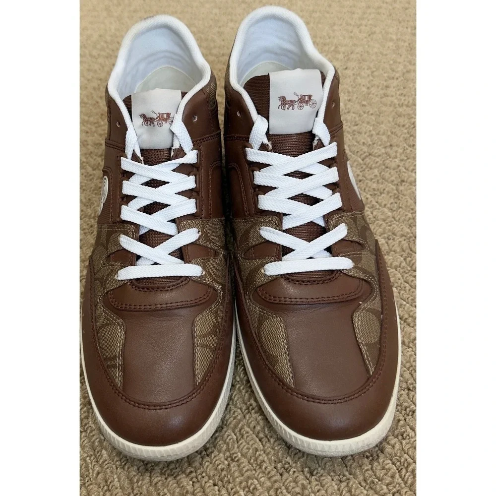Coach Mens Signature Monogram Leather Low Top Sneakers Brown White Size 11